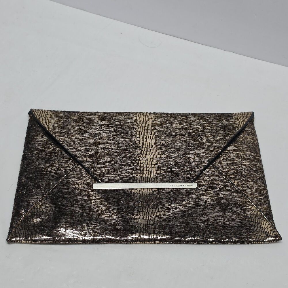 BCBG MaxAzria Harlow Metallic Gold Snakeskin Embossed Envelope Clutch Purse